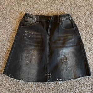 Black denim distressed mini skirt